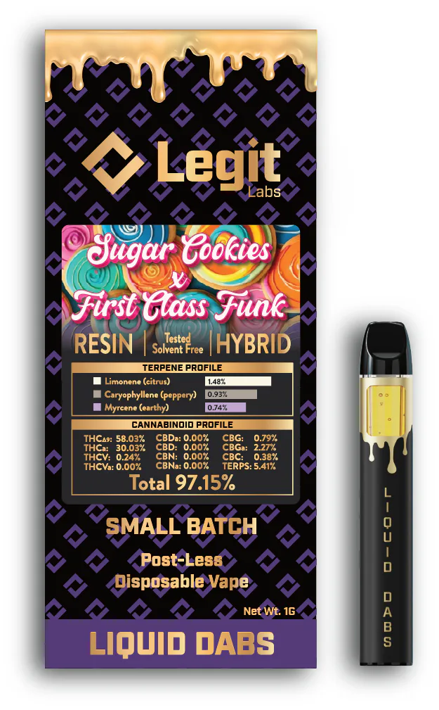 LEGIT LABS Sugar Cookie X First Class Funk - Postless Resin Disposable Vape - 1g for Sale in Ironwood, MI | RiZE Dispensary LEGIT LABS Sugar Cookie X First Class Funk - Postless Resin Disposable Vape - 1g for Sale in Ironwood, MI | RiZE Dispensary