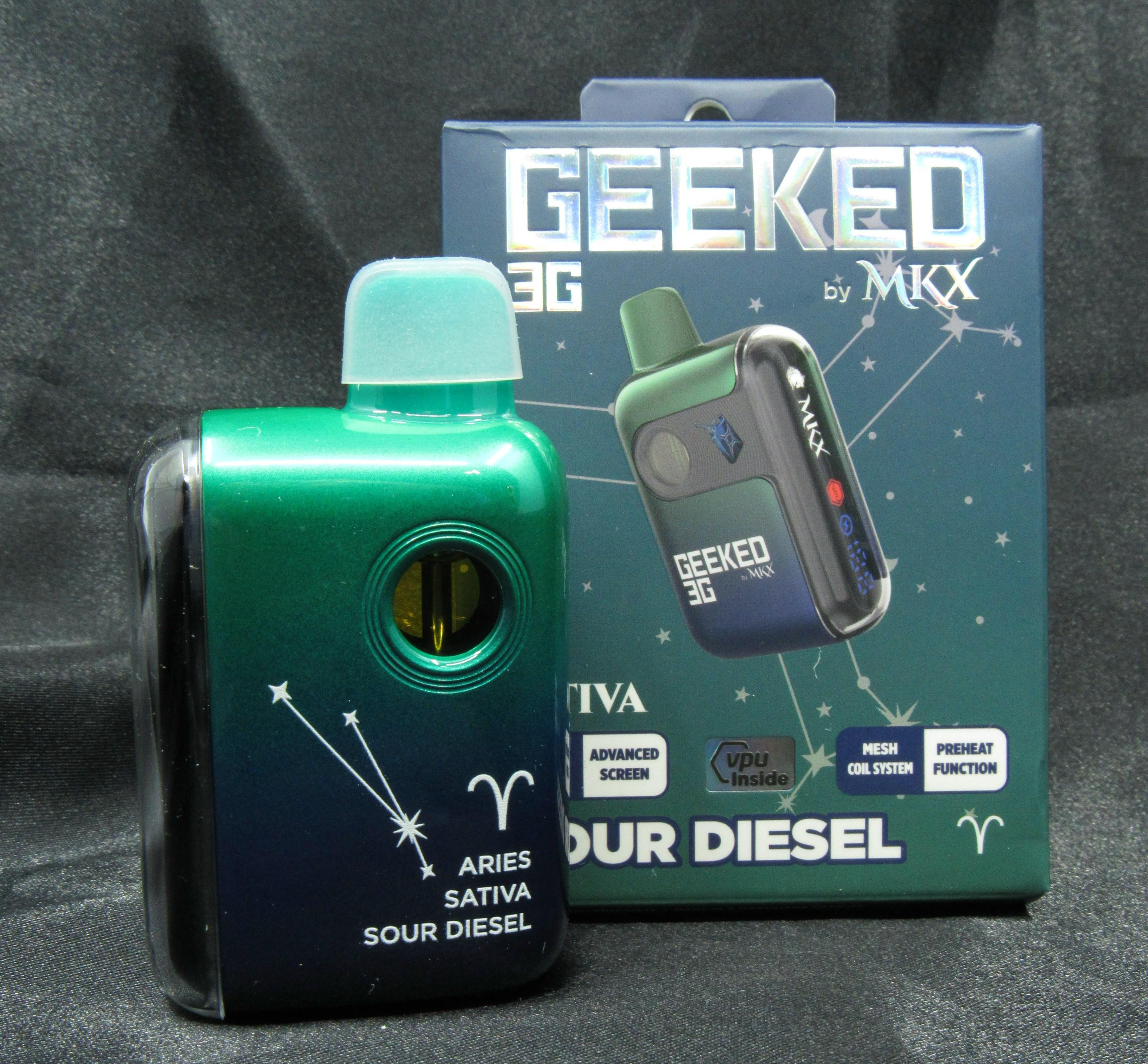Shop Geeked by MKX Sour Diesel 3g Disposable Vape | Geeked by MKX - 3g Vapes/Carts  at Elevated Exotics Elevated Exotics - Escanaba (Rec) Cannabis Dispensary