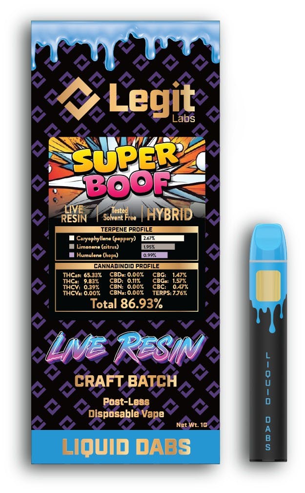 LEGIT LABS  SuperBoof | Postless Live Resin Disposable Vape - 1g for Sale  in Menominee, MI | RiZE Dispensary