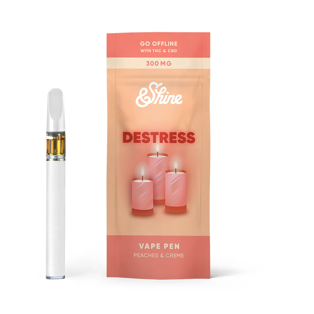 &Shine Peaches & Creme Destress Disposable 300mg - 0.3g (Hybrid) Vapes by &Shine | AuraLight Dispensary &Shine Peaches & Creme Destress Disposable 300mg - 0.3g (Hybrid) Vapes by &Shine | AuraLight Dispensary
