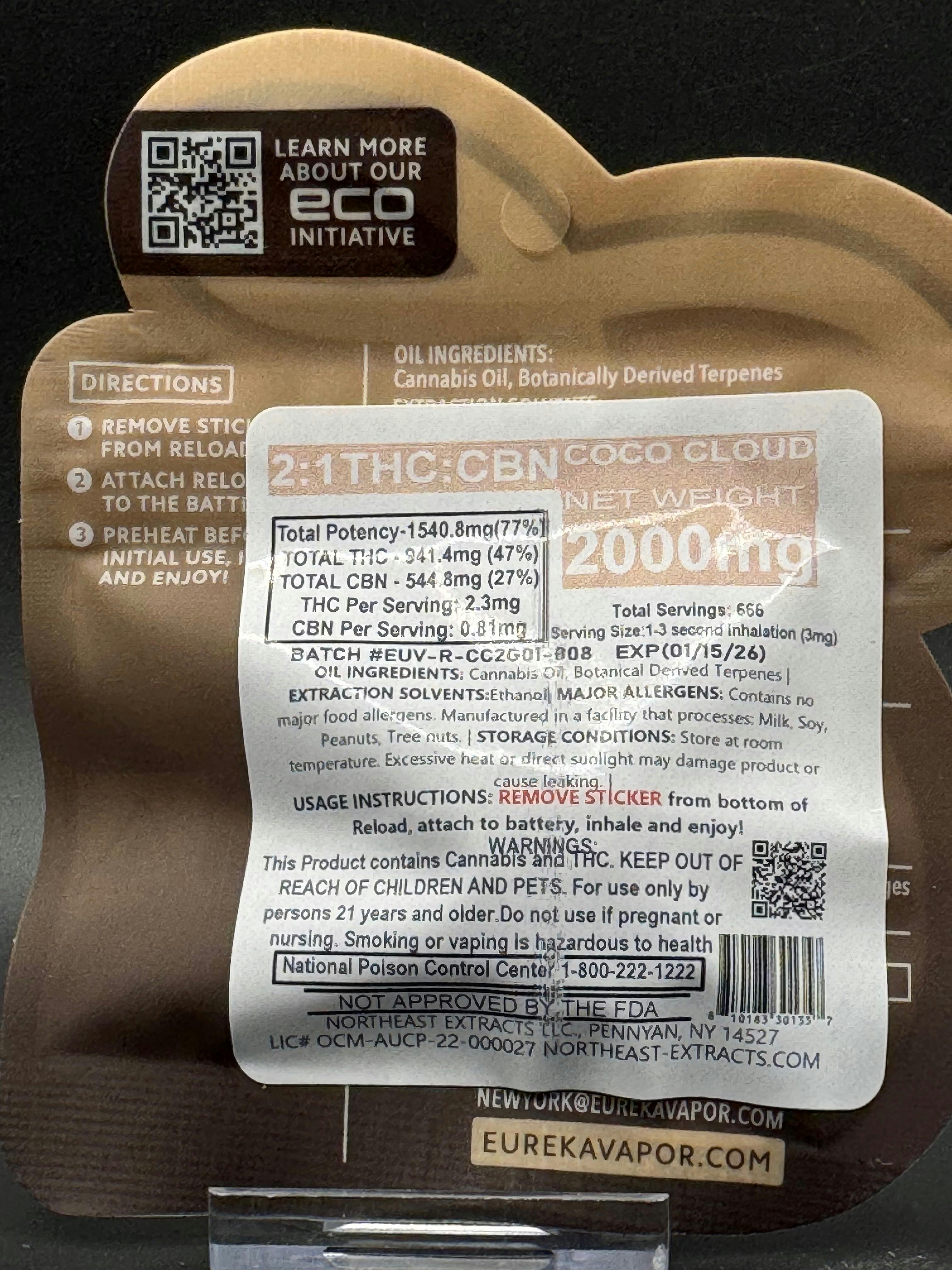 Eureka - Coco Cloud 2:1 THC:CBN - Vape Reload - 2g - 2g by Eureka